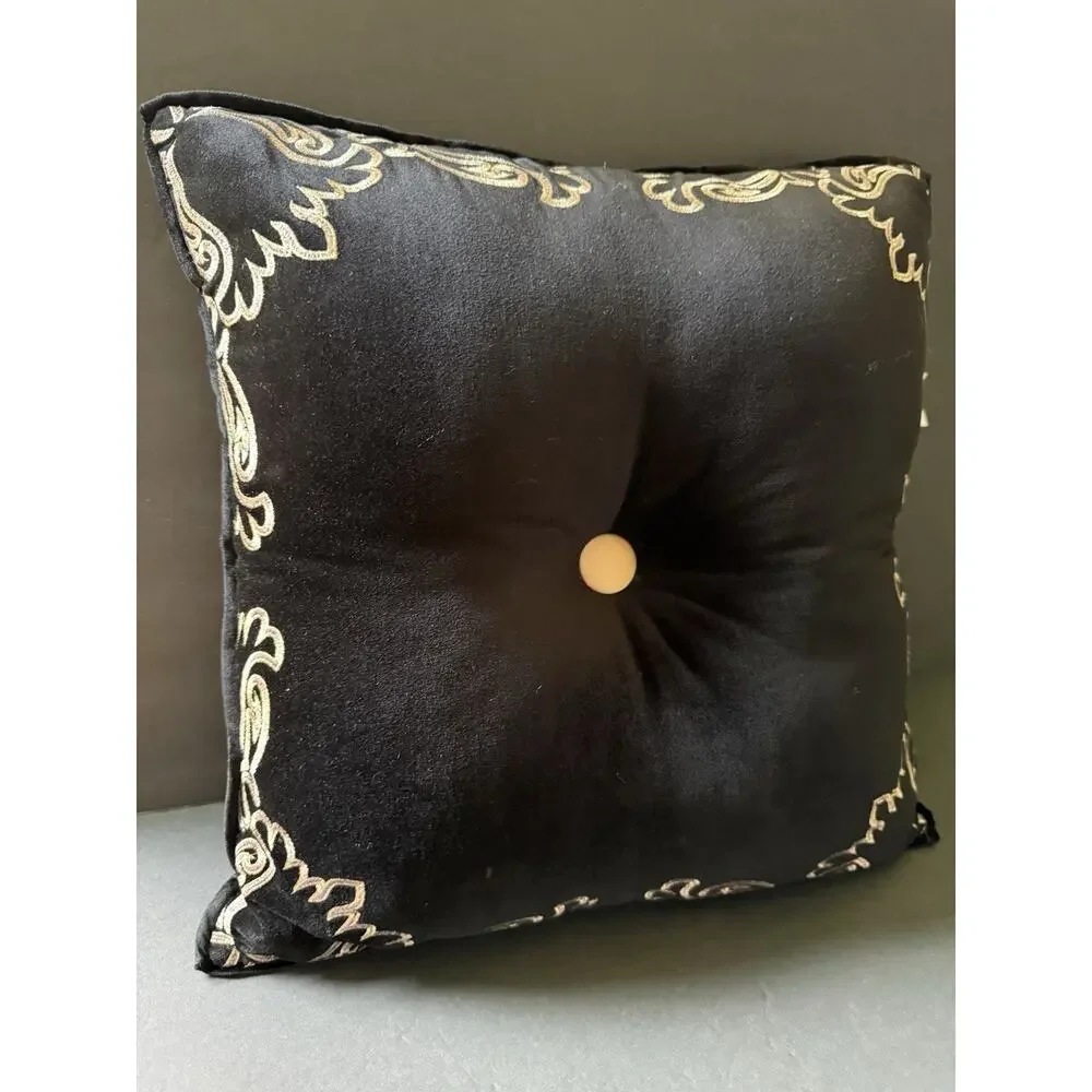 Royal Velvet Decorative Pillow Regency Black Gold Embroidered Square Modernist